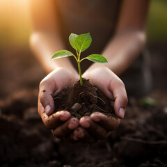 Teen hands planting a small plant on the ground. AI generated 
