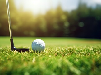 Golf club and ball on green grass created with Generative AI technology