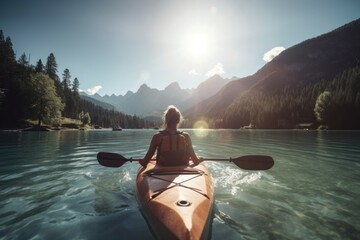 Woman kayaking alps vacation. Generate Ai