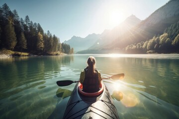 Woman kayaking alps sunny day. Generate Ai