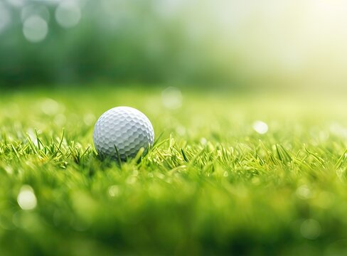 Golf ball on the green grass golf course created with Generative AI technology