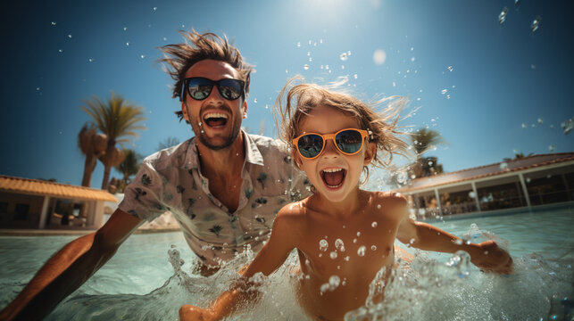 Playful family splashing in a crystal-clear swimming pool on their summer vacation, family vacation, summer, banner, natural light, affinity, bright background Generative AI
