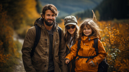 Fototapeta premium Adventurous family hiking through a vibrant forest on their vacation, family vacation, summer, banner, natural light, affinity, bright background Generative AI