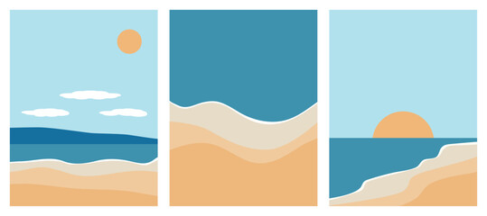 Set of abstract posters summer beach. Vector illustration of summer sea, sky, sand. Banner background.