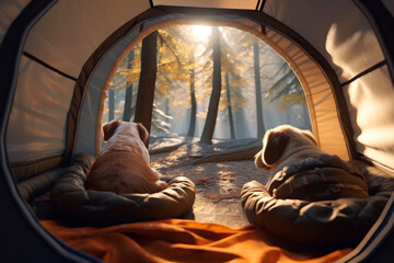 Obraz na płótnie Canvas Fur-filled forest retreat: Traveling with pet dogs in a cozy tent in the woods Generative AI