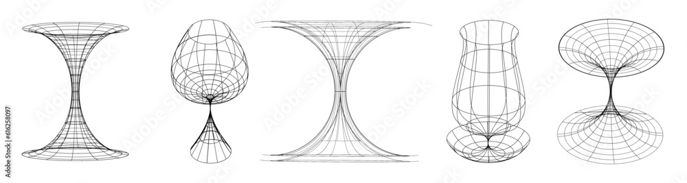 Poster Set of abstract aesthetic y2k geometric elements and 3D wireframe shapes. Black and white retro line design elements. Vector illustration for social networks or posters. EPS 10