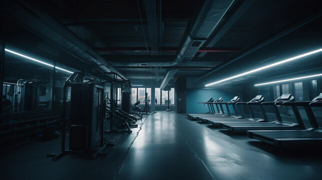 Detailed and vivid 4K image of a contemporary, high - end fitness gym, empty, showcasing a wide variety of top - notch equipment, under ambient, soft lighting. The image should reflect the tranquility