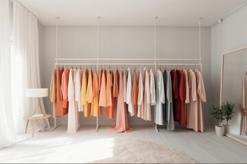 In a chic boutique, clothes arranged in a color gradient, hyper - realistic, vibrant colors of the fabrics contrasting with the minimalist white background, elegant hangers, soft natural light from a 