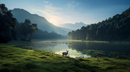 Lush green forest at sunrise, hyper realistic, a deer drinking from a serene lake with a breathtaking mountain range in the background, mist clinging low to the ground, sunlight filtering through the 