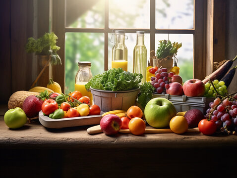 Hyper - realistic stock image, wellness theme, balanced diet, assorted fresh fruits and vegetables beautifully arranged on a rustic wooden table, emphasizing the concept of healthy eating,