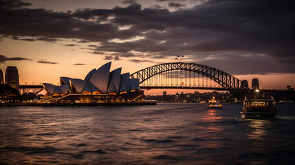 Naklejka na ściany i meble Spectacular view of the Sydney Opera House and Harbour Bridge, captured from the water at sunset. City lights starting to twinkle, locals and tourists enjoying the view from the ferries and waterfront