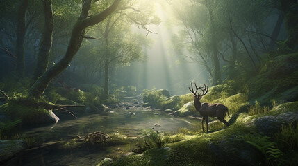 Lush green forest at sunrise, hyper realistic, a deer drinking from a serene lake with a breathtaking mountain range in the background, mist clinging low to the ground, sunlight filtering through the 