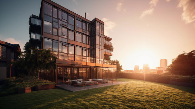 Ultra - Realistic Photograph Of A Modern Residential Property, Wide - Angle Shot Capturing The Luxurious Exterior With Detailed Brickwork, A Well - Manicured Lawn, Glass Windows Reflecting The Setting