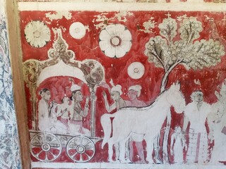 Old kandyan style painting on temple wall walalgoda Sri Lanka 