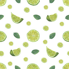 Ripe lime slices and green mint leaves isolated on transparent background. Seamless pattern for room decor, textile, print wrapping, scrapbook. Watercolor illustration of fresh citrus