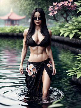 A beautiful Japanese woman standing in the water wearing a bikini and kimono. Generative AI