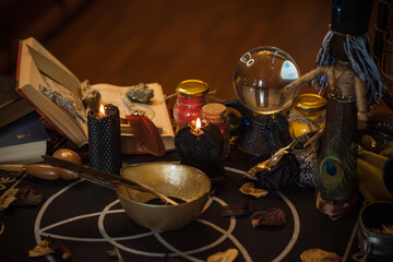 Mystical atmosphere, view of tarot card on the table, esoteric concept, fortune telling and...