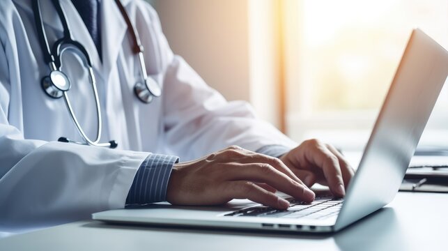 Doctor At His Laptop, Rear View. Online Doctor's Appointment, Medical Consultation With Doctor Online. Patient Receives