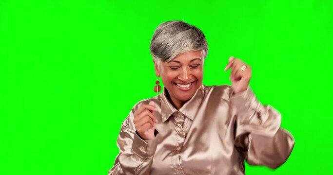 Business woman, music dancing and green screen with happy, smile and celebration. Dance, success and motivation of a senior professional with achievement and excited for promotion and goal target