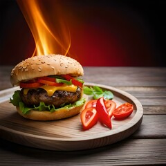 cheese Burger on a wood plate with red pepper and flames coming out of the burger