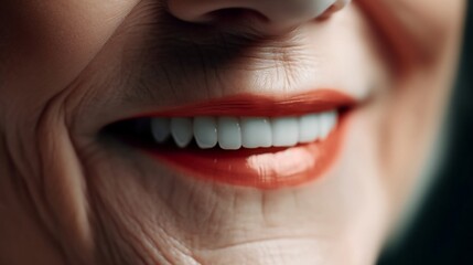 This is an advertisement for Banner's tooth whitening services, showcasing a close-up of a Elderly woman perfect white teeth with a shade guide to illustrate the bleach color. Generative AI