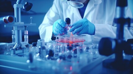 A chemist is doing laboratory chemical research with reagents and flasks. Scientific chemical research