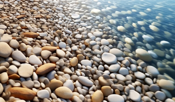 Stones and pebbles near the water at the lake. 