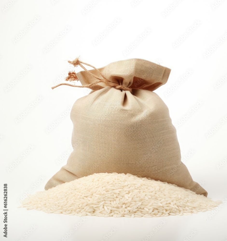 Poster rice in burlap bag isolated on white background created with generative ai technology