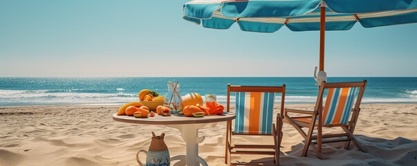 chair with food on tropical white sand beach