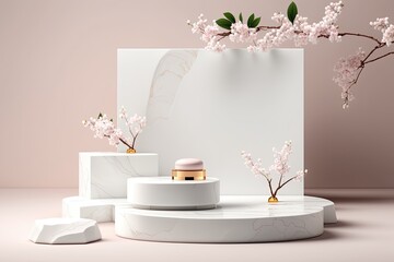 minimalist white table with a vase of colorful flowers. Generative AI