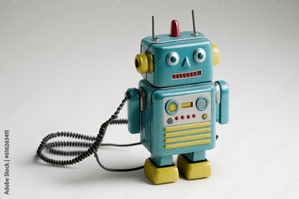 Poster toy robot holding a telephone cord with a surprised expression. generative ai