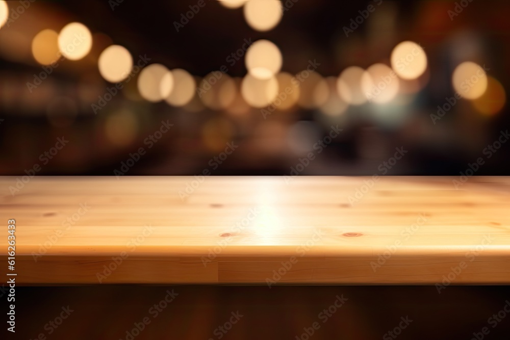 Poster rustic wooden table with bokeh lights in the background