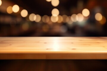 rustic wooden table with bokeh lights in the background