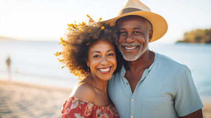 A middle aged black couple smiling at the beach
