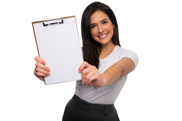 Beautiful brunette woman student holding a blank clipboard, smiling excited, advertisement, copy space, isolated on a white background