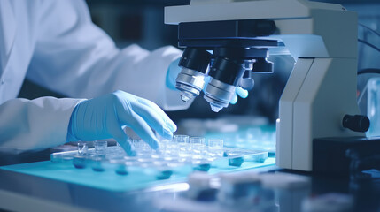 A laboratory technician makes microscopic bacteriological examination with the reagents. Work in...