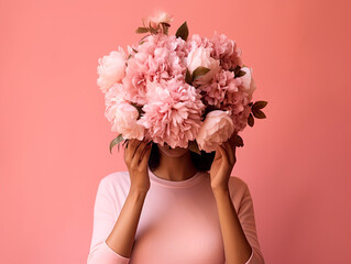 The woman is holding pink flowers in front of her face.