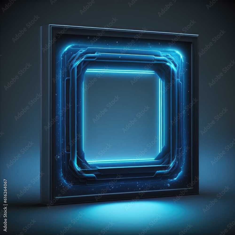 Poster abstract of glowing futuristic square frame illuminated with neon blue color light. concept of futur