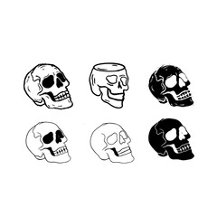 Human skulls skeleton set isolated. Hand drawn line art vector illustration.