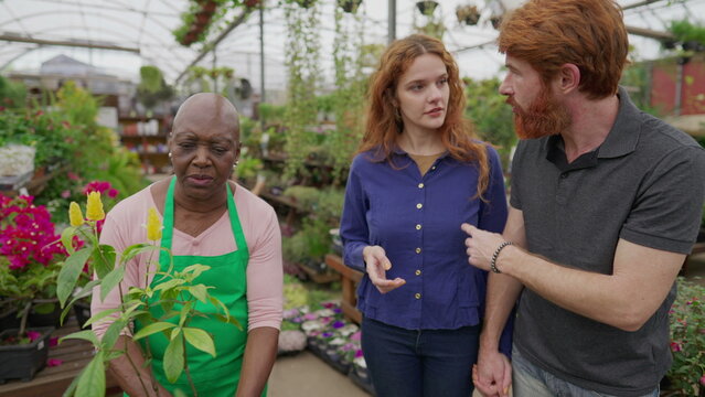 A Helpful Black Older Florist Assisting Couple Inside Flower Shop. Young Man And Woman Shopping For Plants At Local Business Store