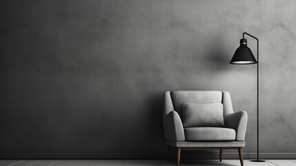 Modern minimalist design against a gray wall. Living room interior. Armchair with a floor lamp against the wall. Modern Scandinavian interior