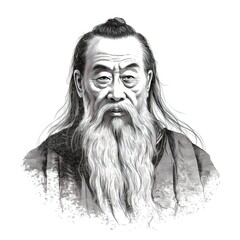 Black and white vintage engraving, headshot portrait of Confucius (Kong Qiu or Kong Fuzi) with long beard, face straight-on, facing camera, white background - Generative AI