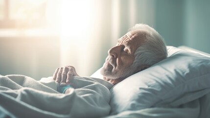 An elderly man in bed in close-up. Elderly care, hospice care. Long-term care for the elderly, rehabilitation - obrazy, fototapety, plakaty