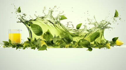 Green herbal tea wave splash with leaves flow