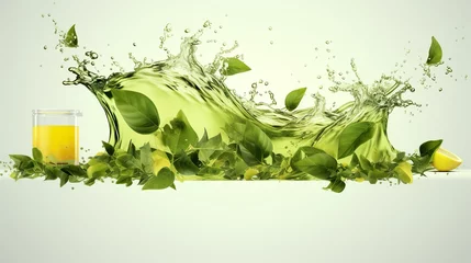 Foto op Plexiglas Green herbal tea wave splash with leaves flow © Jodie