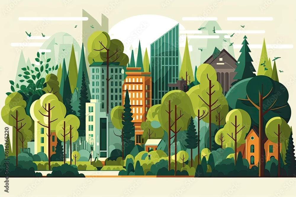 Poster bustling urban landscape with abundant greenery and towering structures. generative ai