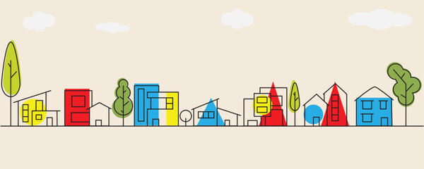 City street line art, town panorama vector illustration. Small and big houses, buildings with garage, city apartments, skyscrapers, trees and bushes. Urban panorama, city streen view. Cottage estate.