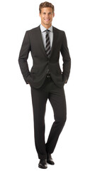 Isolated handsome young man with blonde hair wearing a black suit, smiling and standing, cutout on transparent background, ready for architectural visualisation.
