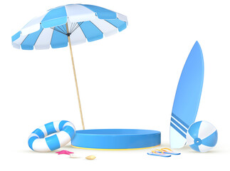 3D Rendering Podium With White And Blue Summer Objects For Product Placement Isolated On Transparent Background, PNG File Add