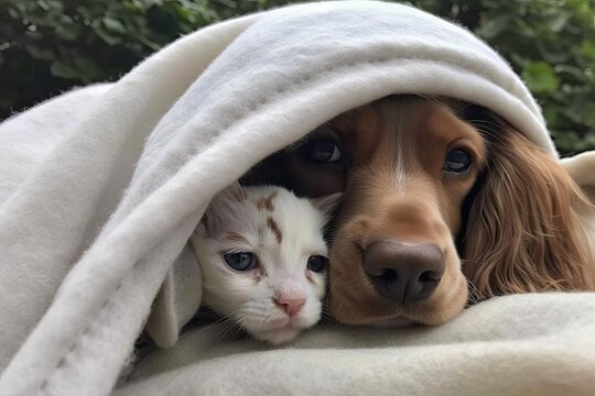 cozy scene with a dog and a cat snuggled up under a blanket together